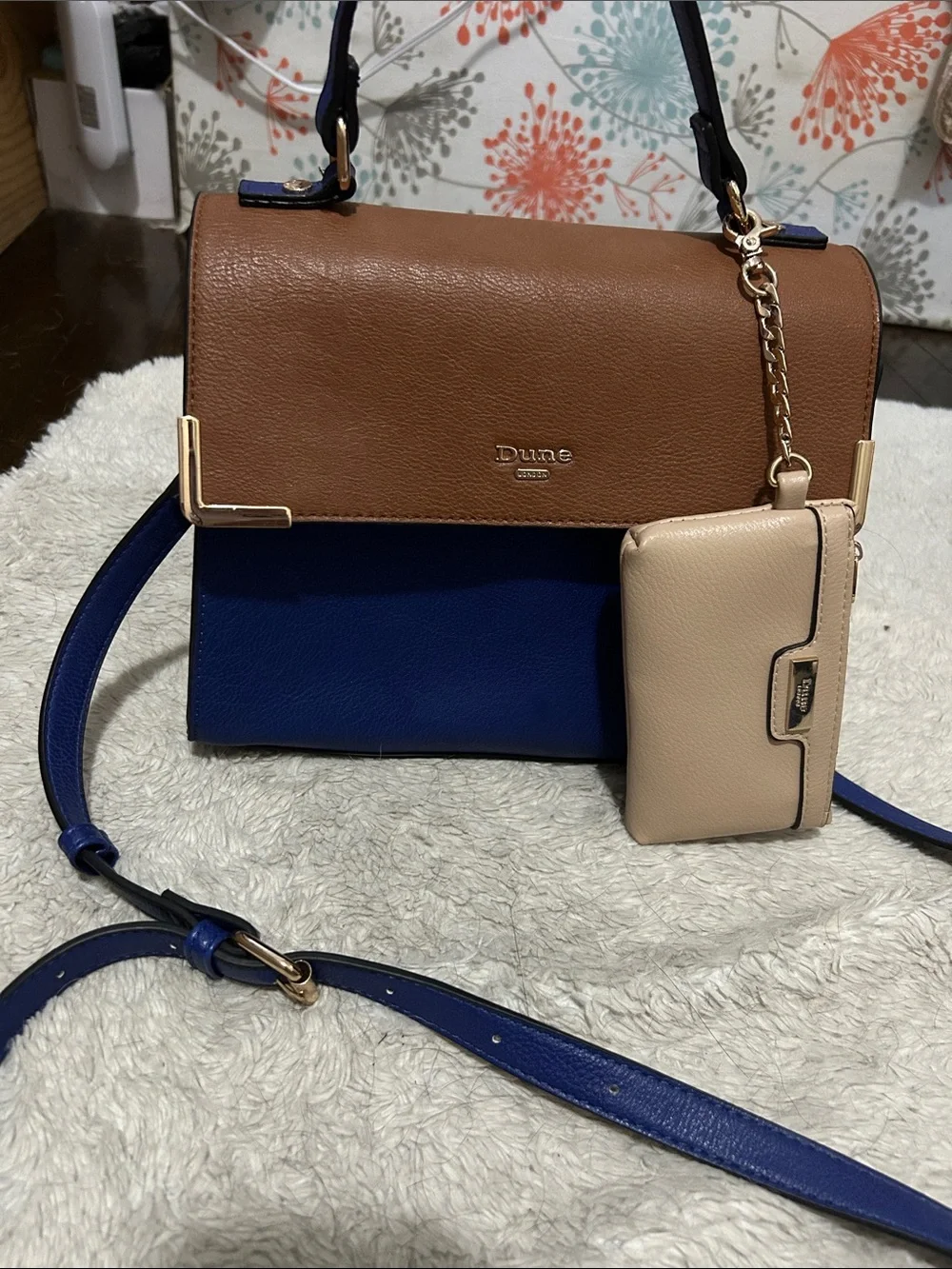 Dune London Brown, Blue & Beige Colorblock Leather Satchel with Coin Wallet